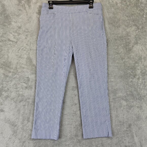 Chico's Pants Womens 8 Blue White Striped Straight Leg Stretch Side Slit Hem - Picture 1 of 14